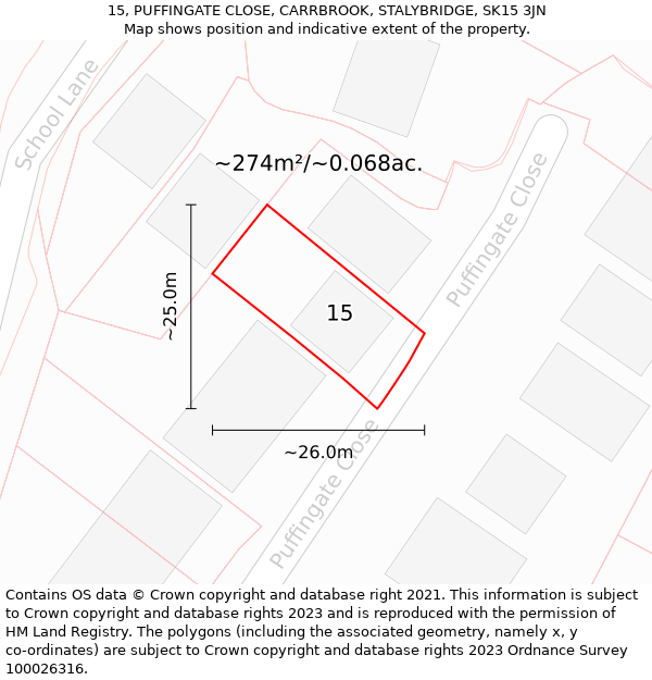 15, PUFFINGATE CLOSE, CARRBROOK, STALYBRIDGE, SK15 3JN: Plot and title map