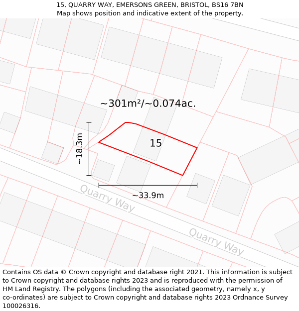 15, QUARRY WAY, EMERSONS GREEN, BRISTOL, BS16 7BN: Plot and title map