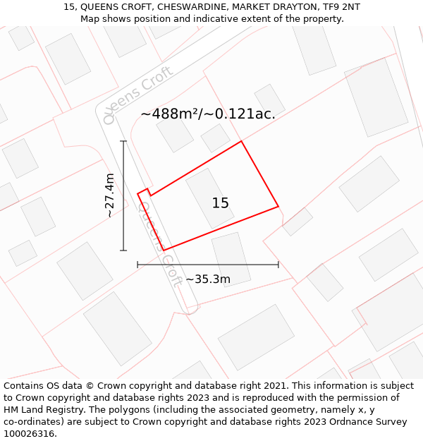 15, QUEENS CROFT, CHESWARDINE, MARKET DRAYTON, TF9 2NT: Plot and title map