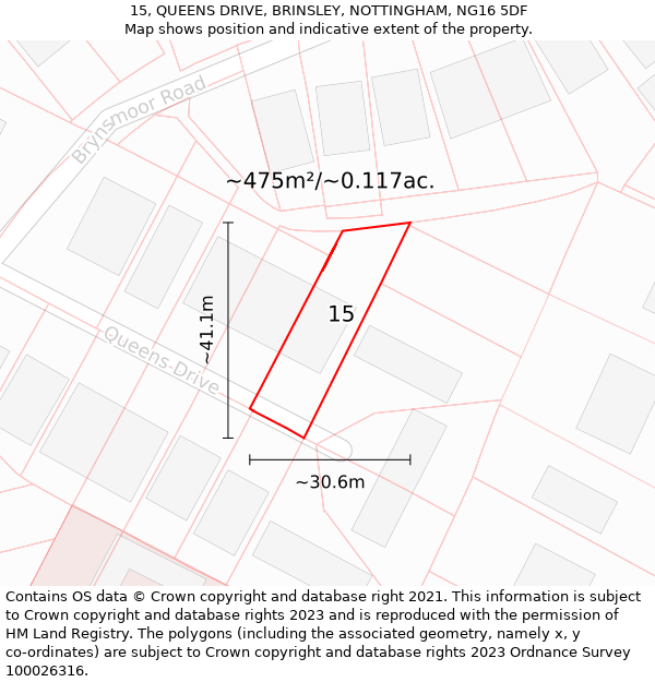 15, QUEENS DRIVE, BRINSLEY, NOTTINGHAM, NG16 5DF: Plot and title map