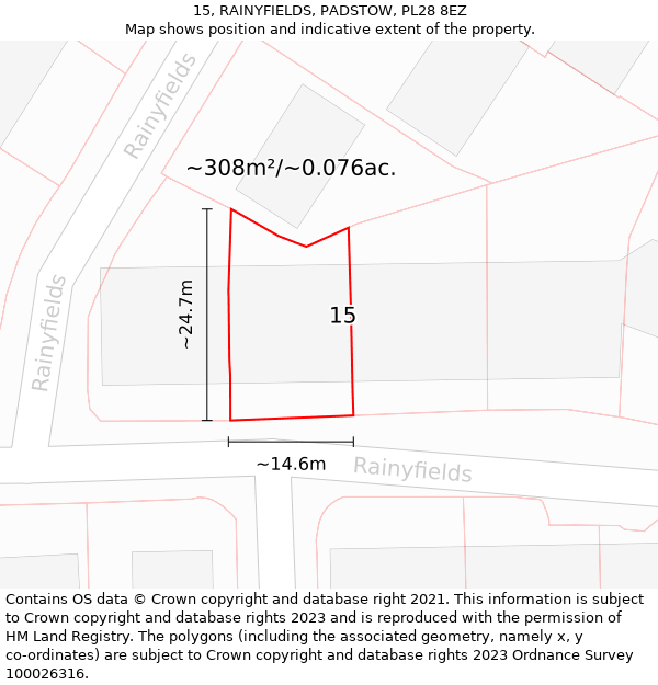 15, RAINYFIELDS, PADSTOW, PL28 8EZ: Plot and title map