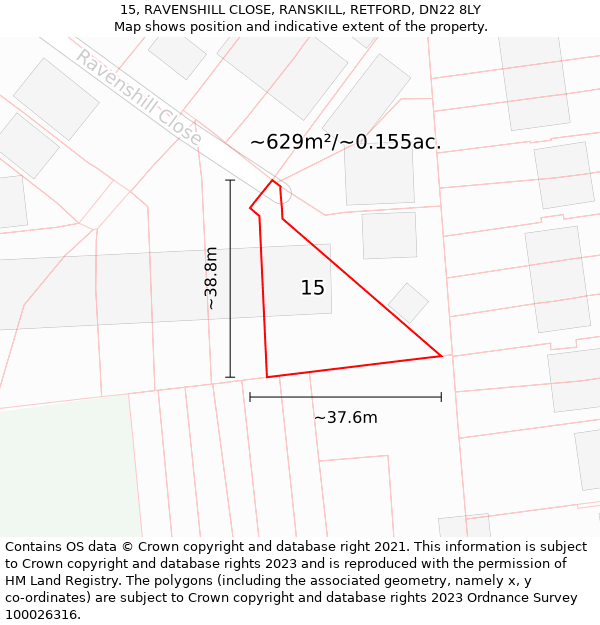 15, RAVENSHILL CLOSE, RANSKILL, RETFORD, DN22 8LY: Plot and title map