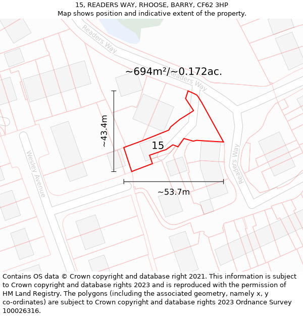 15, READERS WAY, RHOOSE, BARRY, CF62 3HP: Plot and title map