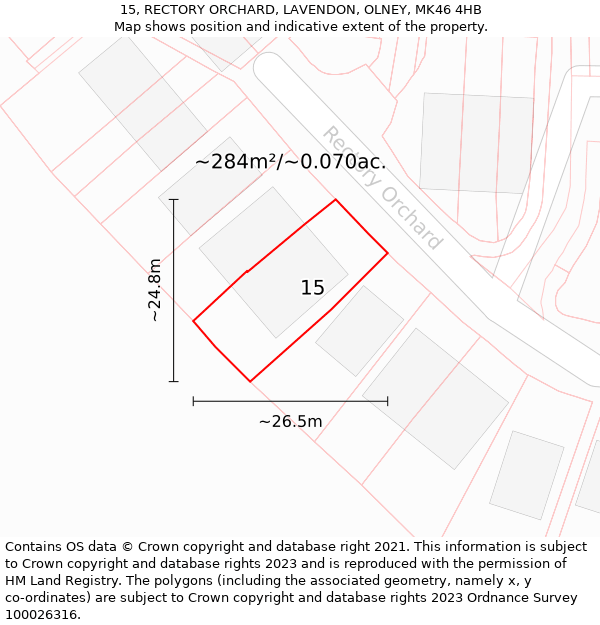 15, RECTORY ORCHARD, LAVENDON, OLNEY, MK46 4HB: Plot and title map