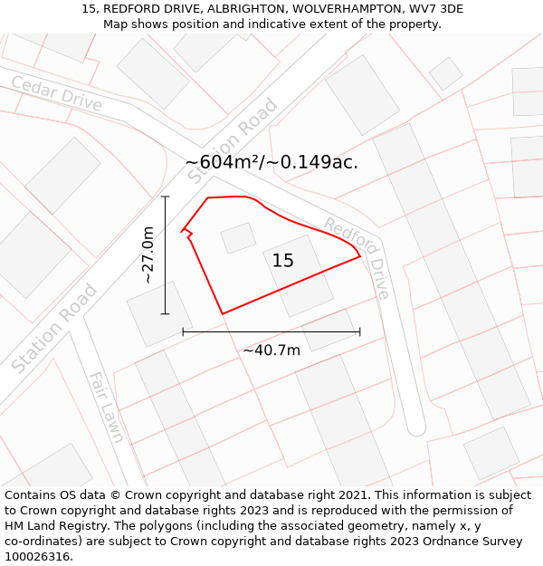 15, REDFORD DRIVE, ALBRIGHTON, WOLVERHAMPTON, WV7 3DE: Plot and title map