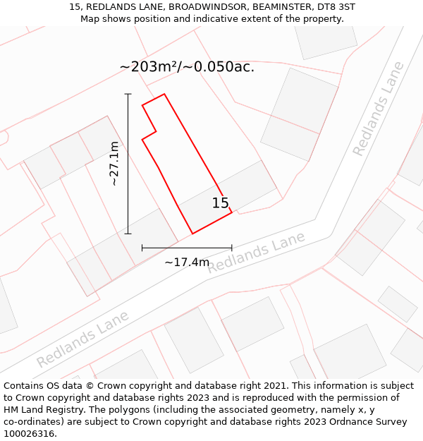 15, REDLANDS LANE, BROADWINDSOR, BEAMINSTER, DT8 3ST: Plot and title map