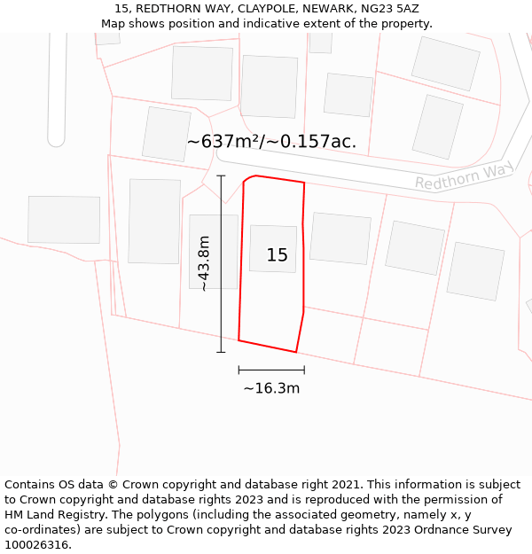 15, REDTHORN WAY, CLAYPOLE, NEWARK, NG23 5AZ: Plot and title map