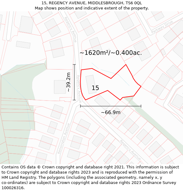 15, REGENCY AVENUE, MIDDLESBROUGH, TS6 0QL: Plot and title map