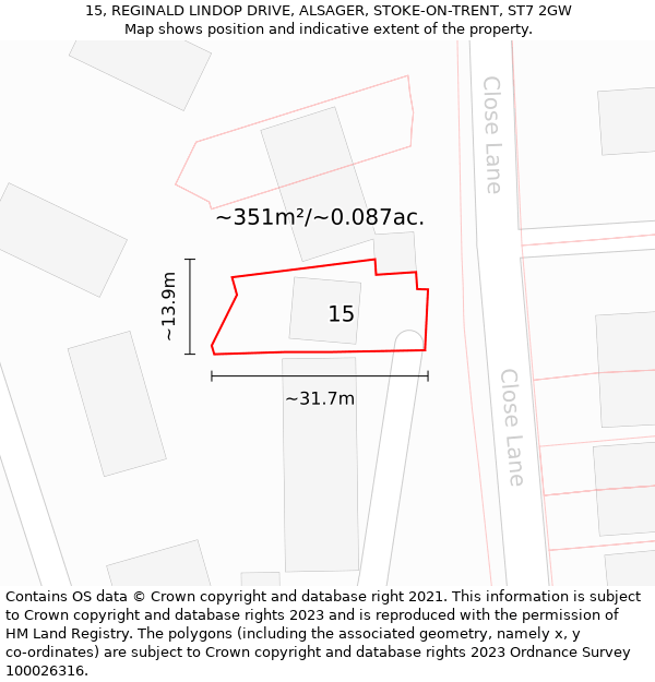 15, REGINALD LINDOP DRIVE, ALSAGER, STOKE-ON-TRENT, ST7 2GW: Plot and title map