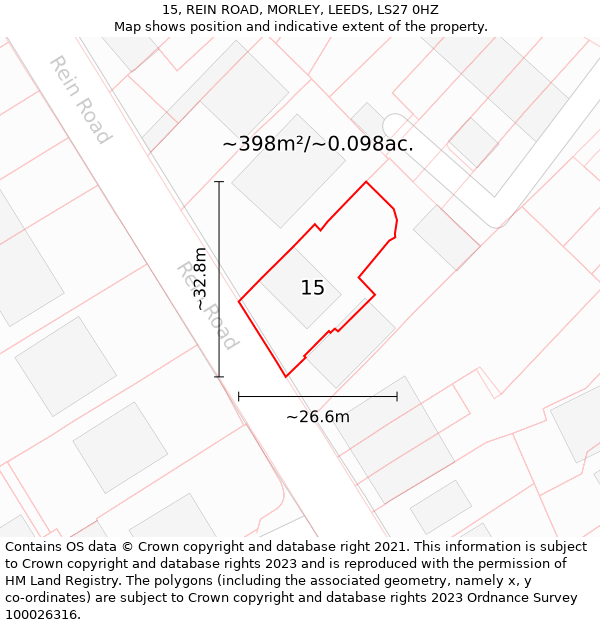 15, REIN ROAD, MORLEY, LEEDS, LS27 0HZ: Plot and title map