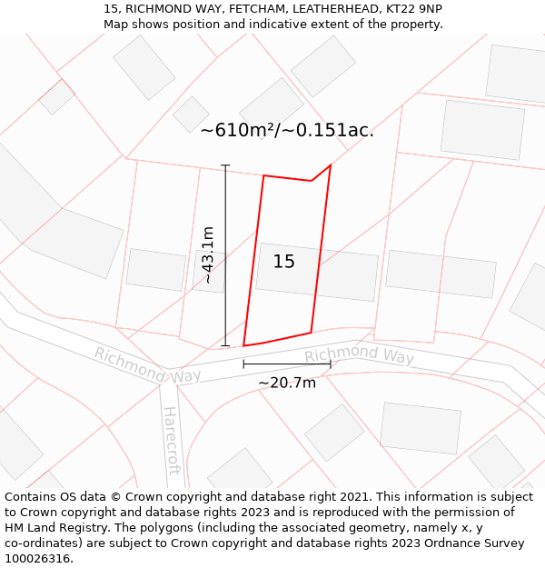 15, RICHMOND WAY, FETCHAM, LEATHERHEAD, KT22 9NP: Plot and title map