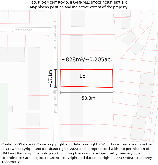 15, RIDGMONT ROAD, BRAMHALL, STOCKPORT, SK7 1JX: Plot and title map