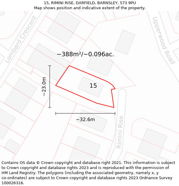 15, RIMINI RISE, DARFIELD, BARNSLEY, S73 9PU: Plot and title map