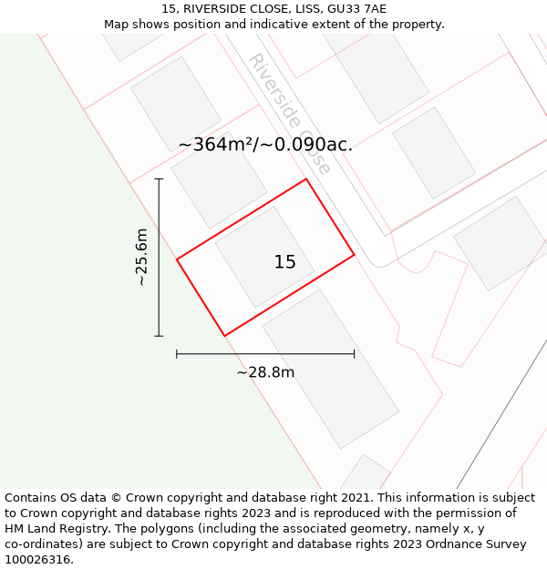 15, RIVERSIDE CLOSE, LISS, GU33 7AE: Plot and title map