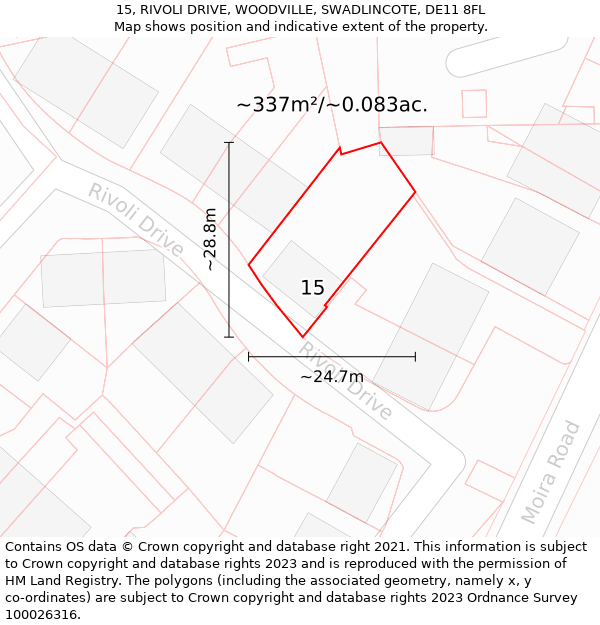 15, RIVOLI DRIVE, WOODVILLE, SWADLINCOTE, DE11 8FL: Plot and title map