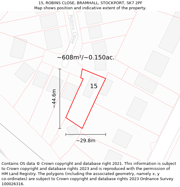 15, ROBINS CLOSE, BRAMHALL, STOCKPORT, SK7 2PF: Plot and title map