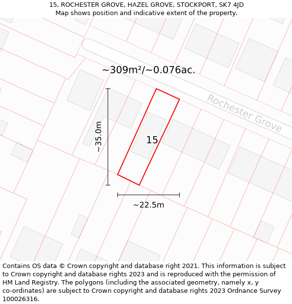 15, ROCHESTER GROVE, HAZEL GROVE, STOCKPORT, SK7 4JD: Plot and title map