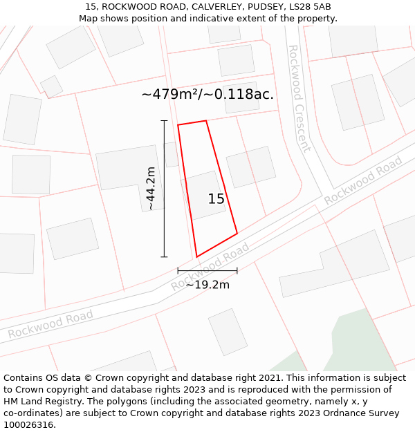 15, ROCKWOOD ROAD, CALVERLEY, PUDSEY, LS28 5AB: Plot and title map