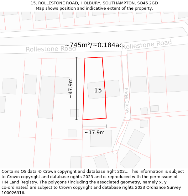 15, ROLLESTONE ROAD, HOLBURY, SOUTHAMPTON, SO45 2GD: Plot and title map