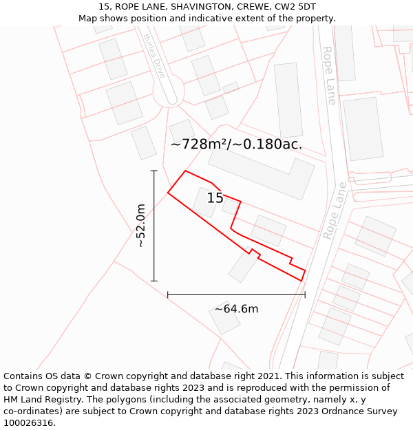 15, ROPE LANE, SHAVINGTON, CREWE, CW2 5DT: Plot and title map