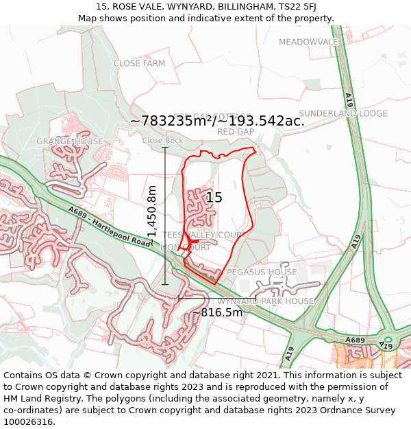 15, ROSE VALE, WYNYARD, BILLINGHAM, TS22 5FJ: Plot and title map