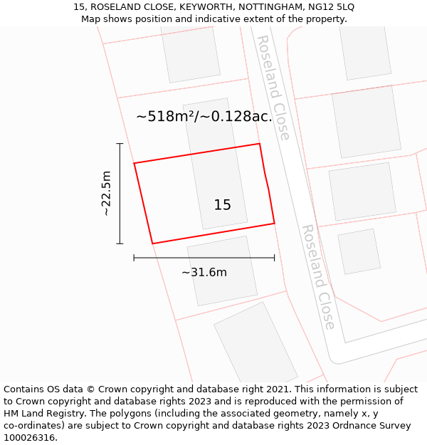 15, ROSELAND CLOSE, KEYWORTH, NOTTINGHAM, NG12 5LQ: Plot and title map