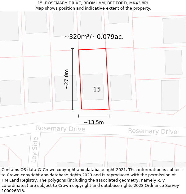 15, ROSEMARY DRIVE, BROMHAM, BEDFORD, MK43 8PL: Plot and title map