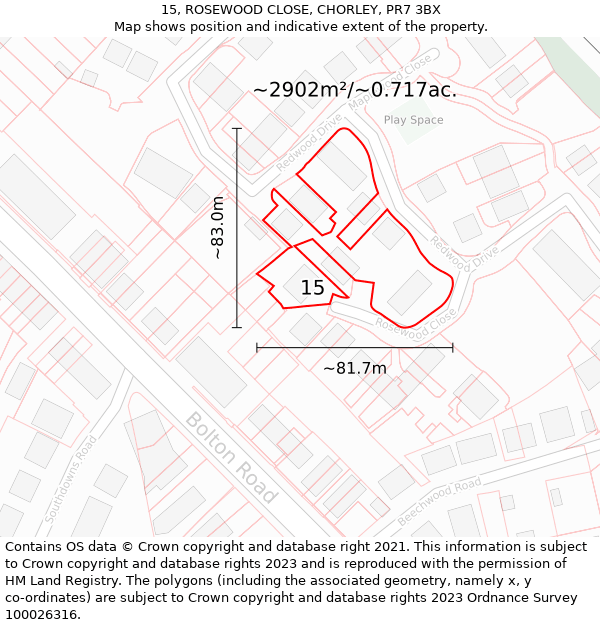 15, ROSEWOOD CLOSE, CHORLEY, PR7 3BX: Plot and title map