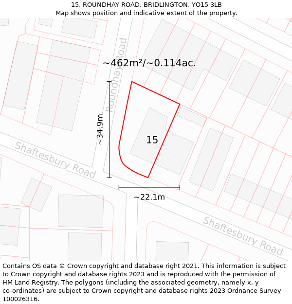 15, ROUNDHAY ROAD, BRIDLINGTON, YO15 3LB: Plot and title map