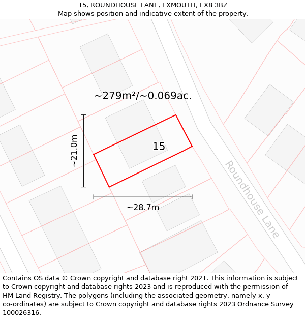 15, ROUNDHOUSE LANE, EXMOUTH, EX8 3BZ: Plot and title map