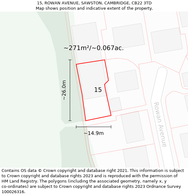 15, ROWAN AVENUE, SAWSTON, CAMBRIDGE, CB22 3TD: Plot and title map