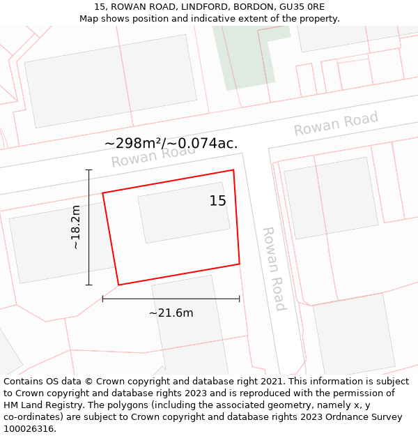 15, ROWAN ROAD, LINDFORD, BORDON, GU35 0RE: Plot and title map