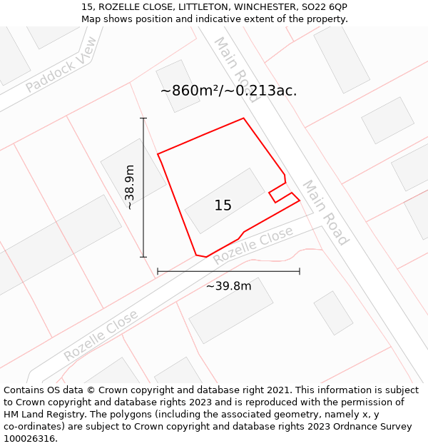 15, ROZELLE CLOSE, LITTLETON, WINCHESTER, SO22 6QP: Plot and title map