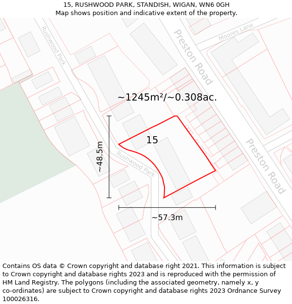 15, RUSHWOOD PARK, STANDISH, WIGAN, WN6 0GH: Plot and title map