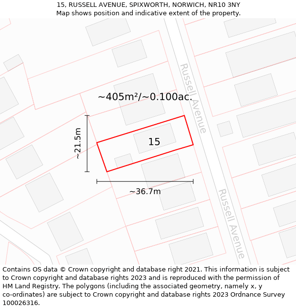 15, RUSSELL AVENUE, SPIXWORTH, NORWICH, NR10 3NY: Plot and title map