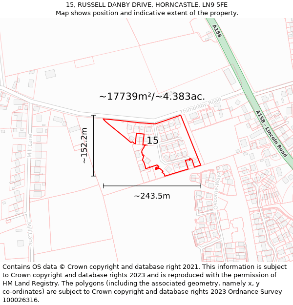 15, RUSSELL DANBY DRIVE, HORNCASTLE, LN9 5FE: Plot and title map