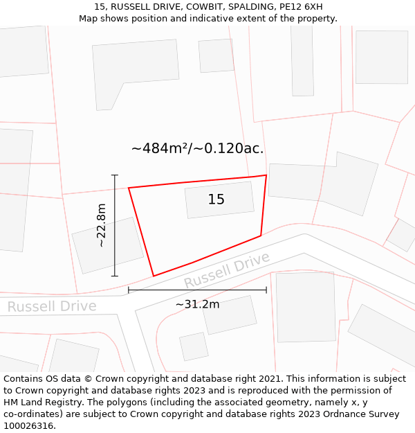 15, RUSSELL DRIVE, COWBIT, SPALDING, PE12 6XH: Plot and title map