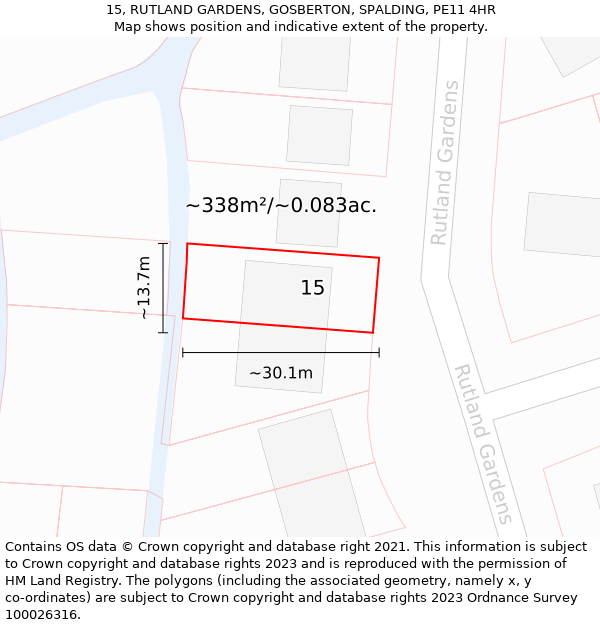 15, RUTLAND GARDENS, GOSBERTON, SPALDING, PE11 4HR: Plot and title map