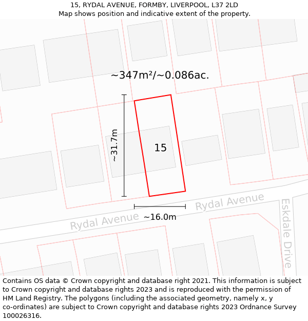 15, RYDAL AVENUE, FORMBY, LIVERPOOL, L37 2LD: Plot and title map