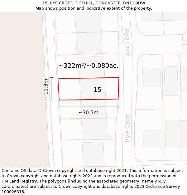 15, RYE CROFT, TICKHILL, DONCASTER, DN11 9UW: Plot and title map