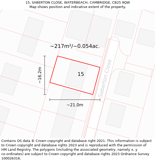 15, SABERTON CLOSE, WATERBEACH, CAMBRIDGE, CB25 9QW: Plot and title map