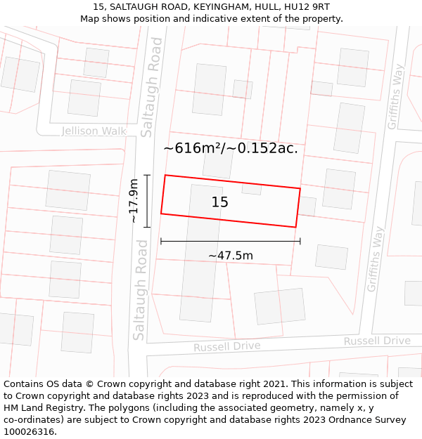 15, SALTAUGH ROAD, KEYINGHAM, HULL, HU12 9RT: Plot and title map