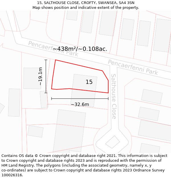 15, SALTHOUSE CLOSE, CROFTY, SWANSEA, SA4 3SN: Plot and title map