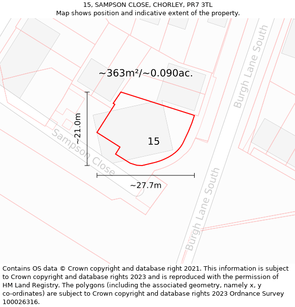 15, SAMPSON CLOSE, CHORLEY, PR7 3TL: Plot and title map