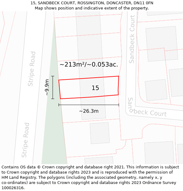 15, SANDBECK COURT, ROSSINGTON, DONCASTER, DN11 0FN: Plot and title map