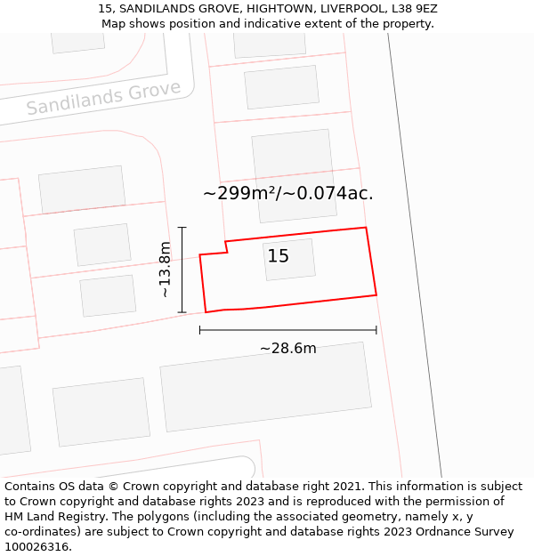 15, SANDILANDS GROVE, HIGHTOWN, LIVERPOOL, L38 9EZ: Plot and title map