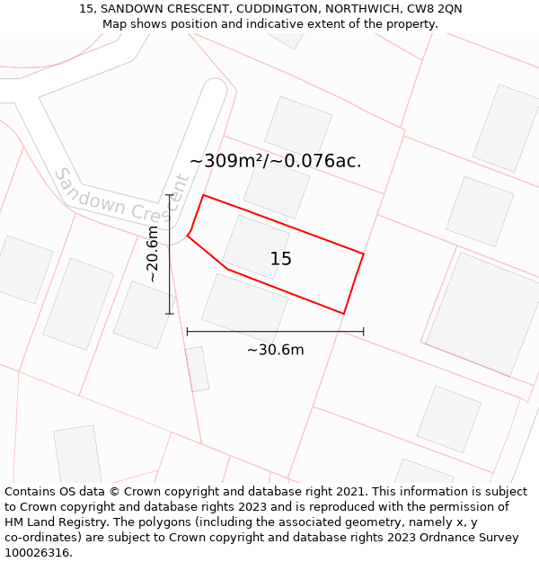 15, SANDOWN CRESCENT, CUDDINGTON, NORTHWICH, CW8 2QN: Plot and title map