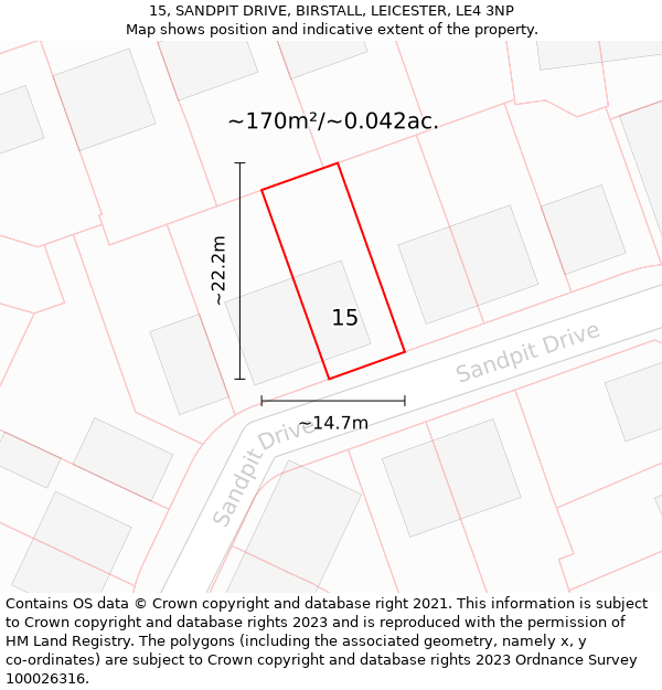 15, SANDPIT DRIVE, BIRSTALL, LEICESTER, LE4 3NP: Plot and title map