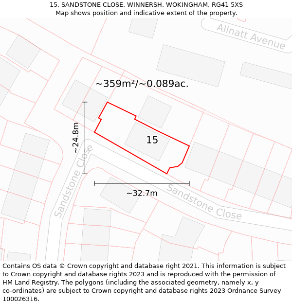 15, SANDSTONE CLOSE, WINNERSH, WOKINGHAM, RG41 5XS: Plot and title map