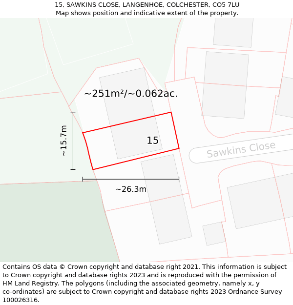 15, SAWKINS CLOSE, LANGENHOE, COLCHESTER, CO5 7LU: Plot and title map